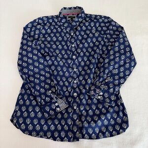 Talbots Womens Petite Happy Leaves Button Up Shirt Size MP Blue & White Preppy